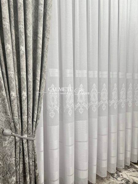 Лляний тюль &laquo;Zarina&raquo; з вишивкою та смужками #208_ЛВ фото