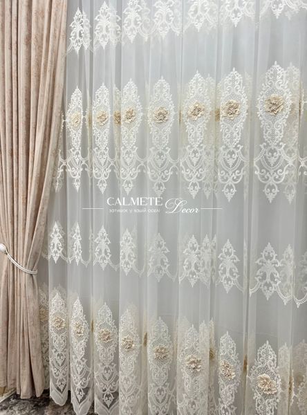 Сітчастий тюль з королівською вишивкою та 3D квітами #182 фото
